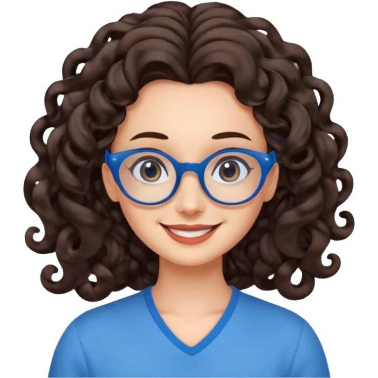 woman with extra large forehead, extra long dark brown spiral curled hair, blue glasses, smiling with head tilted emoji