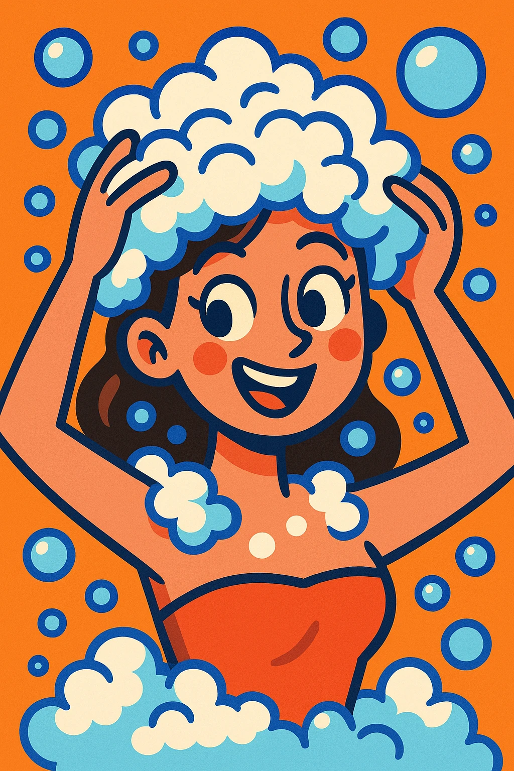 woman with shampoo foam in hair, playful expression, bubbles floating, cartoon style, vibrant colors emoji