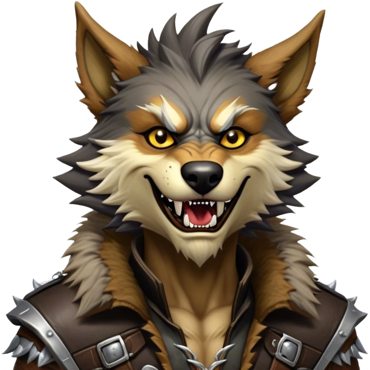 Cinematic Realistic WoW Worgen Portrait, head tilted dramatically with an exaggeratedly amused expression, blending ferocious beastliness with a touch of unexpected humor. His rugged fur, tanned skin, and worn leather garments are rendered with meticulous detail and dynamic lighting, high shine, dramatic yet whimsical, capturing the essence of a worgen whose epic might is tempered by a playful, irreverent charm. emoji