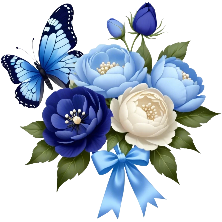 An elegant butterfly with midnight blue and sky blue wings, accented with delicate white tracings, hovering above a beautifully arranged bouquet of soft pastel blue peonies and deep indigo pansies, tied together with a flowing pearl satin ribbon. emoji