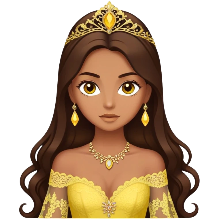 enchantress with brown eyes and tanned skin and long chocolate brown hair wearing a embellished yellow lace gown emoji