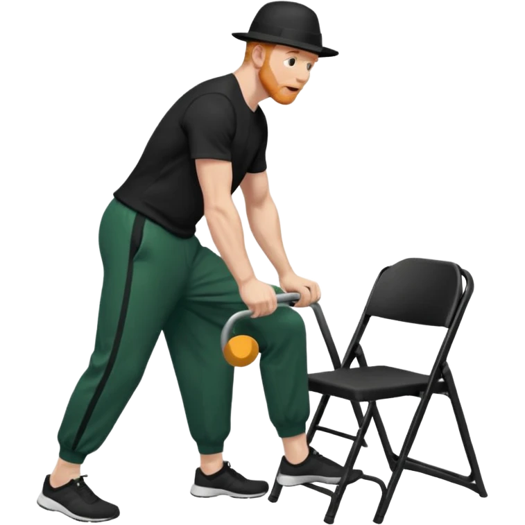 גבר זקן ג'ינג'י מלא כובע שחור הפוך חולמה שחורה ומכנסיים ירוקות ארוכות מבצע תרגיל לאנג' בתמיכת כיסא מהצד שתי רגליים על הרצפה מח^זיק כיסא בידו  תמיכה קלה ידו על משענת הכיסא emoji