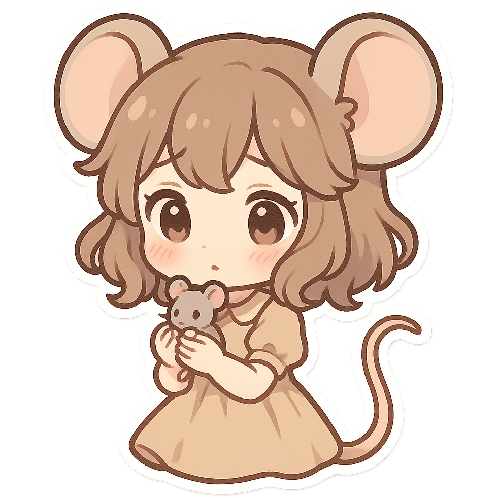 chibi stickers style mouse girl with big round ears, holding a tiny mouse, cute and shy emoji