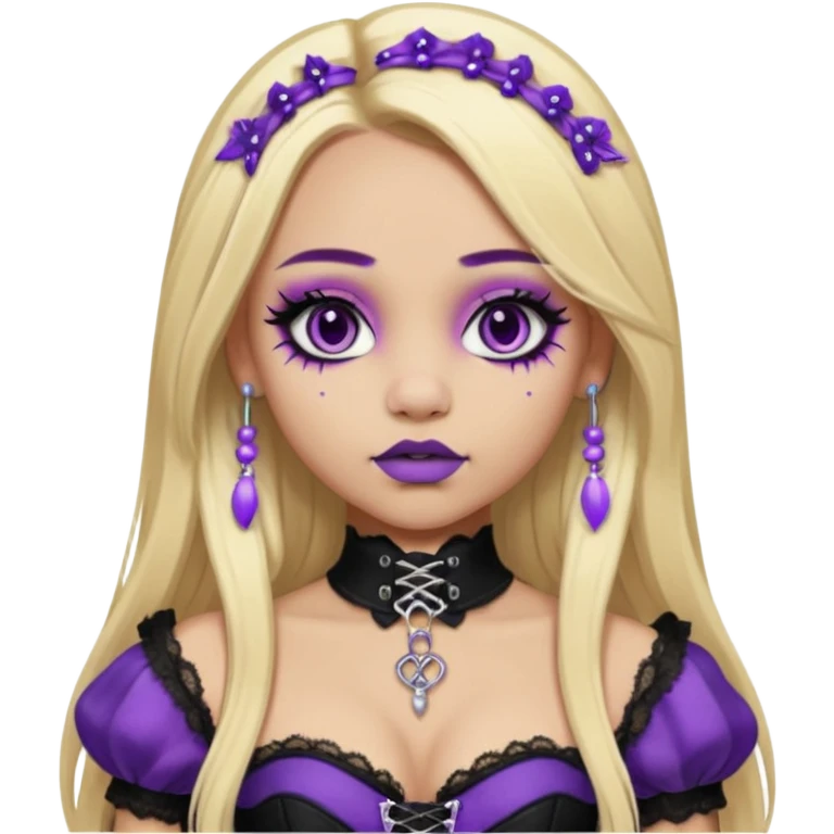 Ai light skin girl , who has straight long length blonde hair with heavy purple streaks , hazel eyes , and doll like makeup , with a septum piercing, nostril piercing, in a black corset emoji emoji