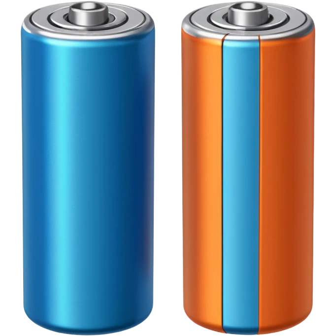 pair of cylindrical batteries with metallic tops and colored bands (orange, blue, or green) to indicate charge, positioned side by side or slightly angled, visible terminals, clean minimal design, no packaging, charger, or device, soft lighting, subtle shadows, emoji scale emoji