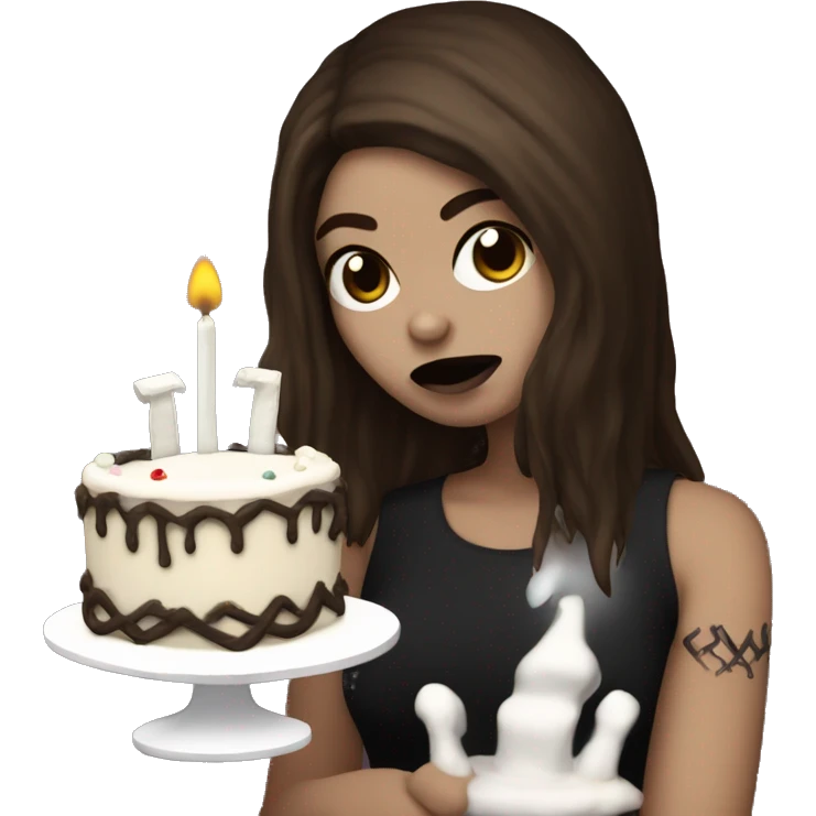 goth metallica white skin brown hair girl with a birthday cake  emoji