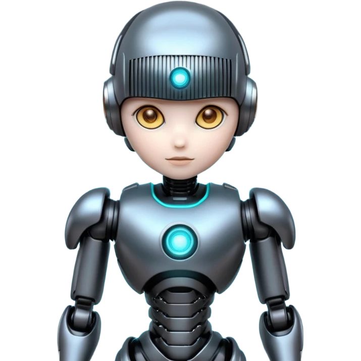 Cute futuristic chibi humanoid robot with large rounded head, glossy black and grey metal body, glowing cyan and amber eyes, visible joints, confident pose, white background, high-detail 3D render, LMX text on chest. emoji