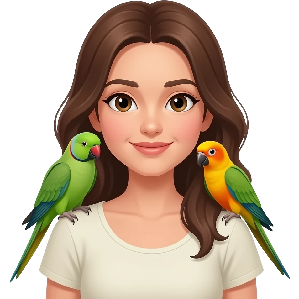 green indian ring neck parrot on a brown haired womans shoulder with a sun conure parrot with all green wings on her other shoulder emoji