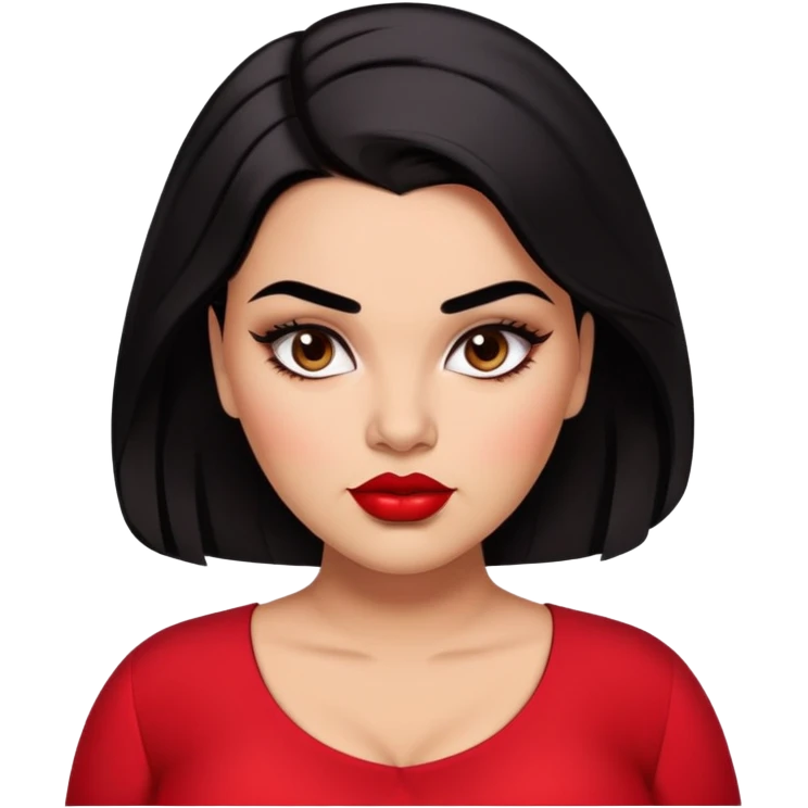 Glamorous full-figured young woman with defined features, brown skin, expressive dark eyes, thick eyebrows, full lips with red lipstick, sleek black hair, slightly plump, wearing a red blouse emoji