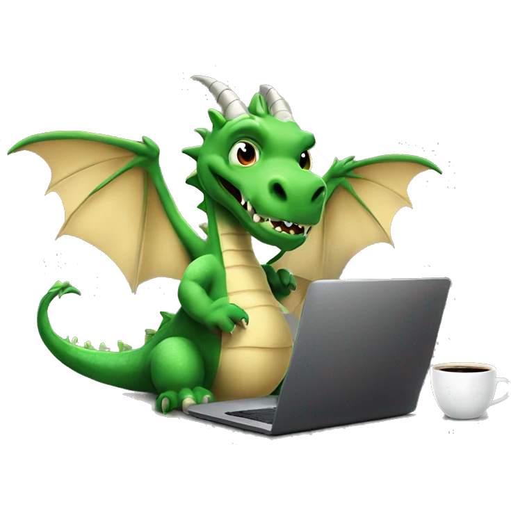 real life dragon with wings, working on a laptop, wearing a shirt with the words hump day on it, with a cup of coffee in his right hand emoji