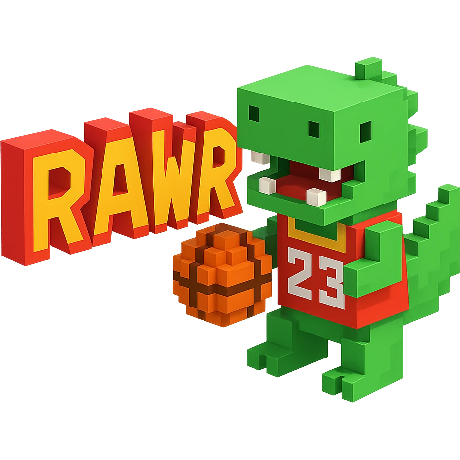 надпись "RAWR" и динозавр с баскетбольном мячом в майке с надписью "23", no background  emoji