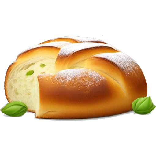 Boule de brioche ronde coupée en deux au milieux avec crème fouettée blanche au centre recouvert d’éclat de pistache  emoji