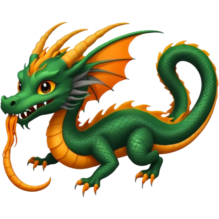 Black, green, orange, grey, Asian Imperial floating noodle-dragon, with black sclera, long mane, long whiskers, long tail, gliding flying, no wings emoji