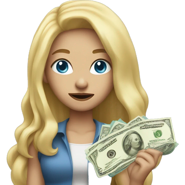 blonde girl long hair blue eyes holding money throwing money mouth closed emoji