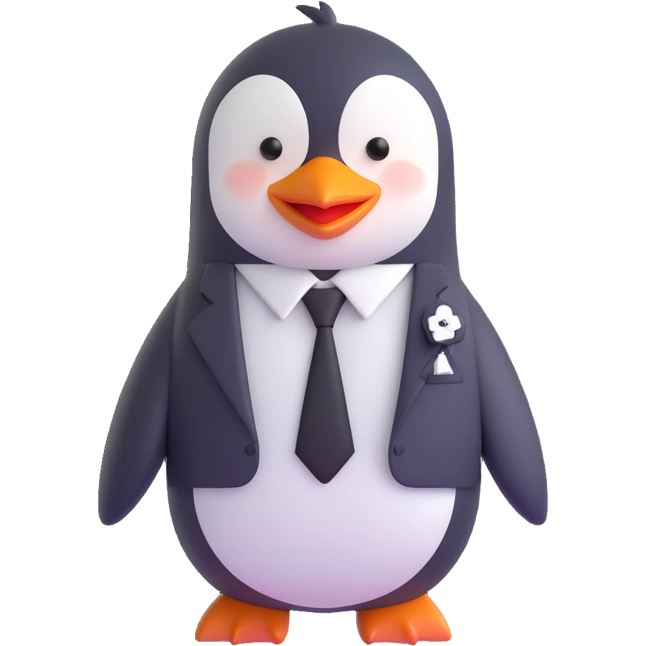 a cute penguin with a missionary outfit, including a white shirt, black tie, and name tag, smiling, clean background emoji