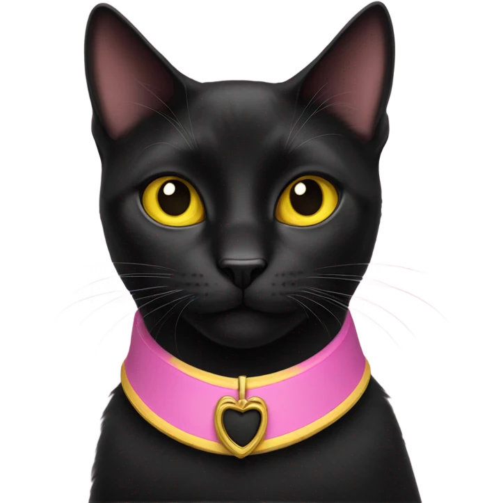 A black cat with a pink collar and yellow eyes, the cat name is Nala emoji