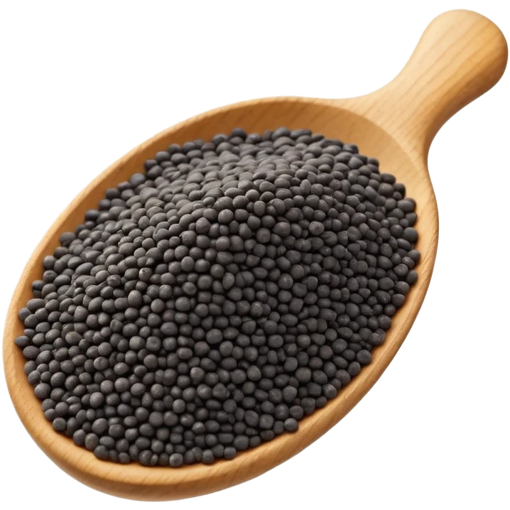 small black chia seeds in a wooden spoon emoji