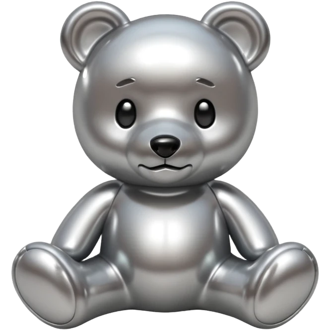 A cute teddy bear emoji made of liquid silver chrome, smooth rounded body, glossy metallic surface, soft reflections, friendly proportions, iOS emoji style, centered, clean white background emoji