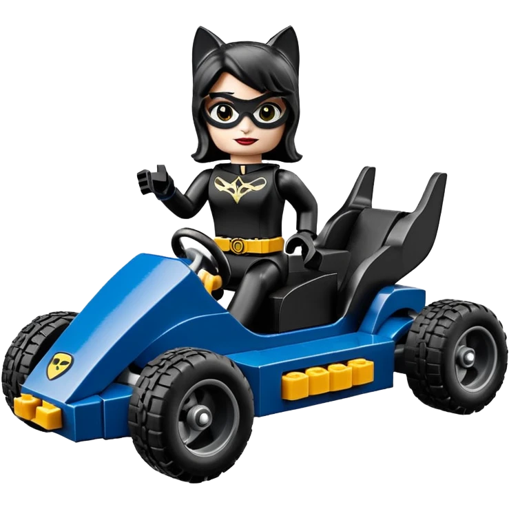full size real-appearance electric road Lego racing sexy CatWoman’s feminine midnight-colored tight outfit sixty’s tv show dark stealthy accurate sporty safe plush deluxe off-road pursuit drifting car jaguar (black hair,reclined and relaxed torso and shoulders back seating position) cross kart  emoji
