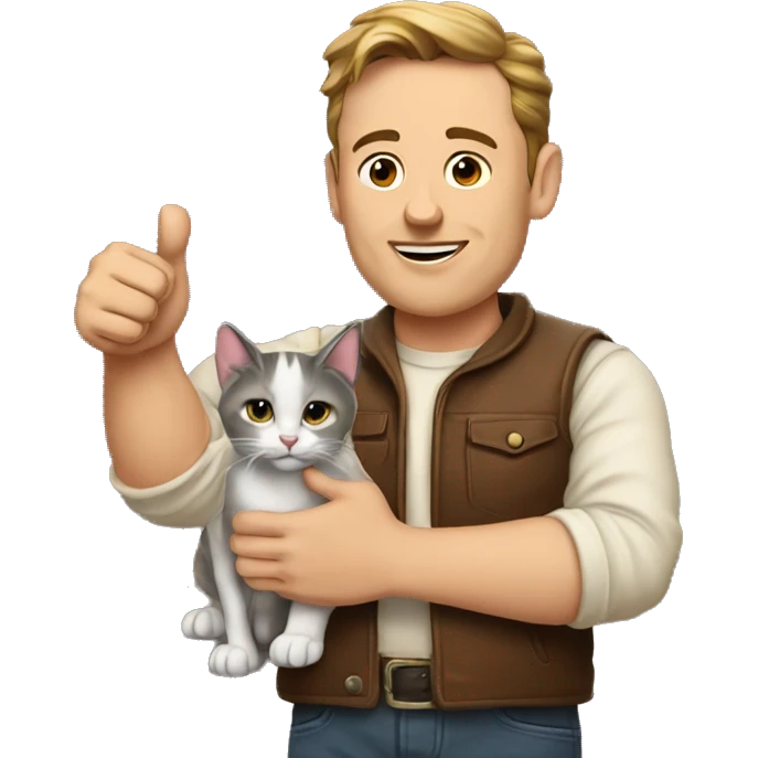 Musk holding a cat in his left hand and giving a thumbs-up with his right hand. emoji