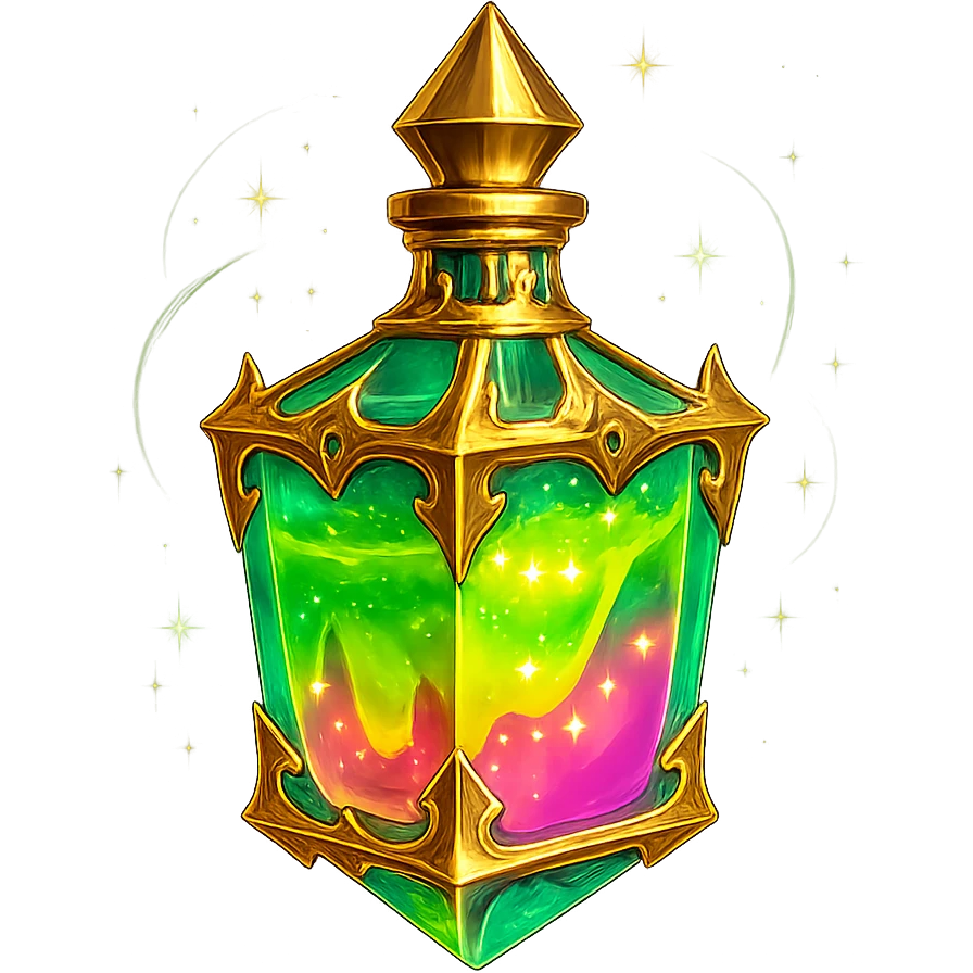 crystal luxurious elixir bottle like liquid glowing slime, bright colors, lots of shine, edges, ornaments, golden details, magical effects, very small golden neck, transparent background, beautiful seamless bottom, bottle clearly floating in air, no base or shadow, very luxurious, playful, matching collection emoji