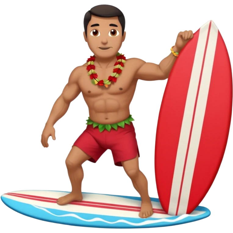 Dark-haired tan muscular 50 year old man with red shorts and shell lei surfing emoji