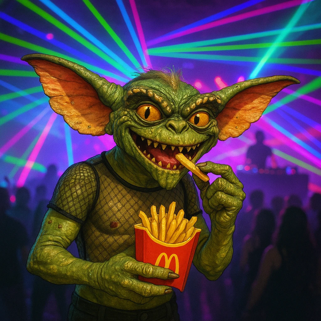 A cheeky gremlin at a rave, see-through top, eating McDonald's fries, laser lights and DJ booth in the background emoji