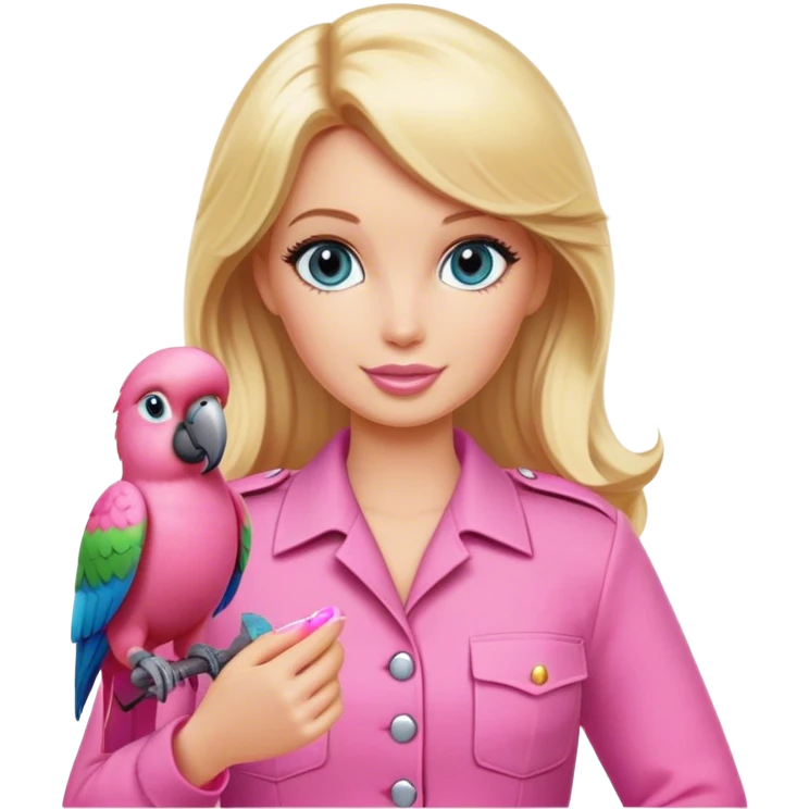 Blonde zookeeper Barbie, pink outfit, holding a pink parrot emoji