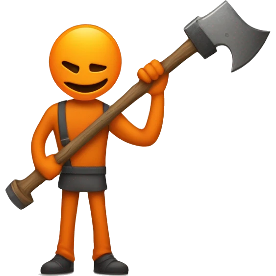 A stick figure character drawn in orange color and a hollow head, holding a large hammer over its head. The character appears to be holding a smaller tool or object in the other hand. emoji