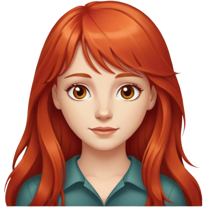Long red hair white girl with bangs, hazel eyes, dimples  emoji