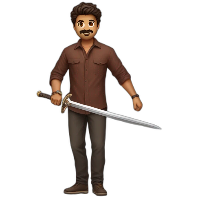 Leo THALAPATHY Vijay holding a Sword wearing a marron Full sleeve shirt  emoji