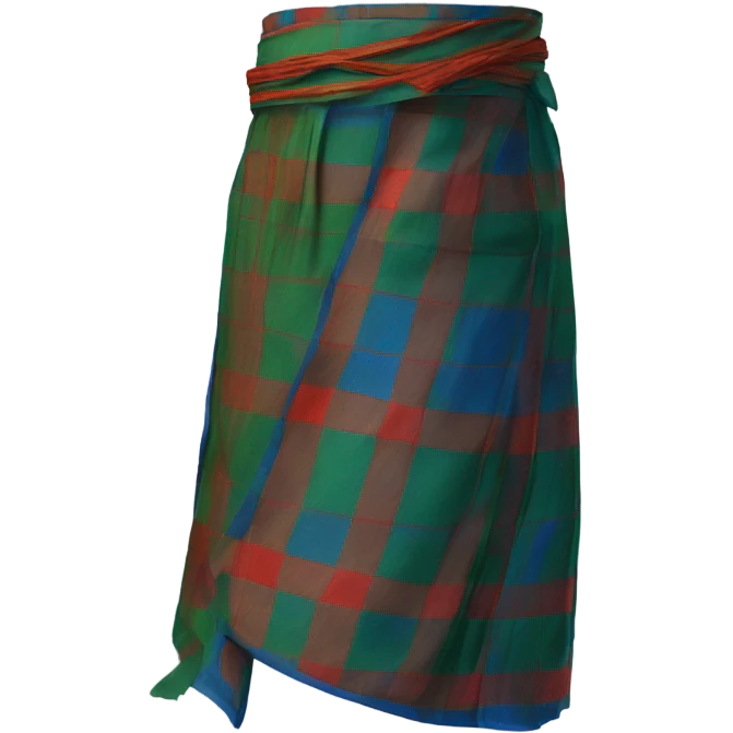  a traditional lungi, displayed as if being worn, tied at the waist, with realistic folds and drapes. The lungi should have a simple yet elegant design, such as striped or checkered patterns, in vibrant colors like blue, green, or red.  emoji