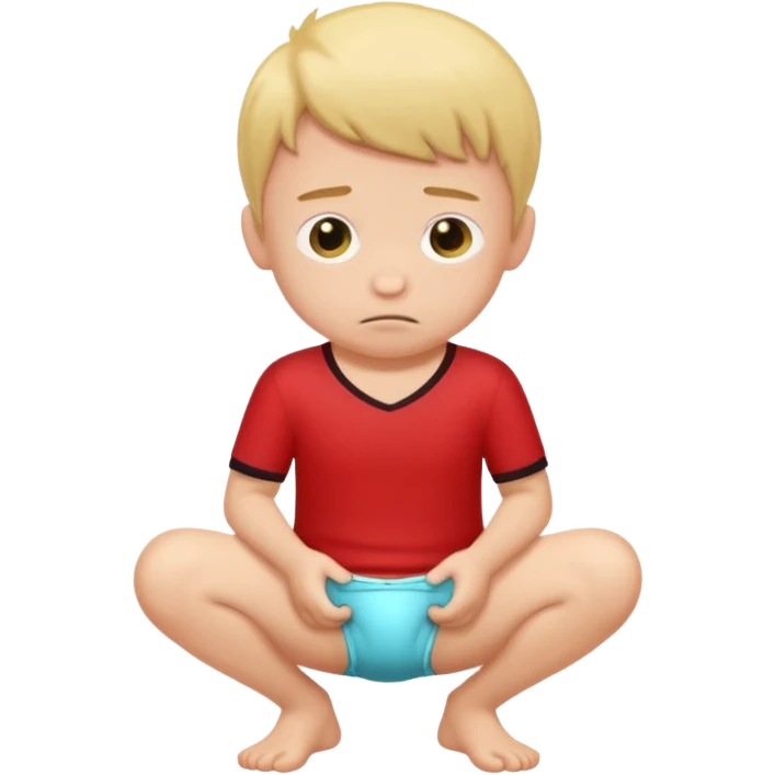 A boy squating down pooping on his wet stinky underwear with a red shirt emoji