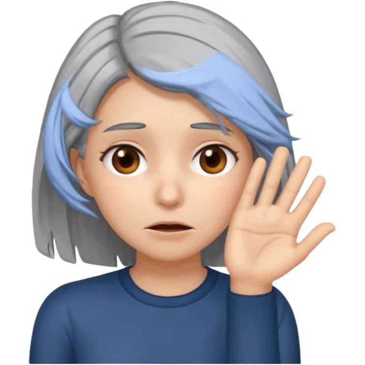 young woman with gray hair and 1 palm of hand covering face in exasperation emoji