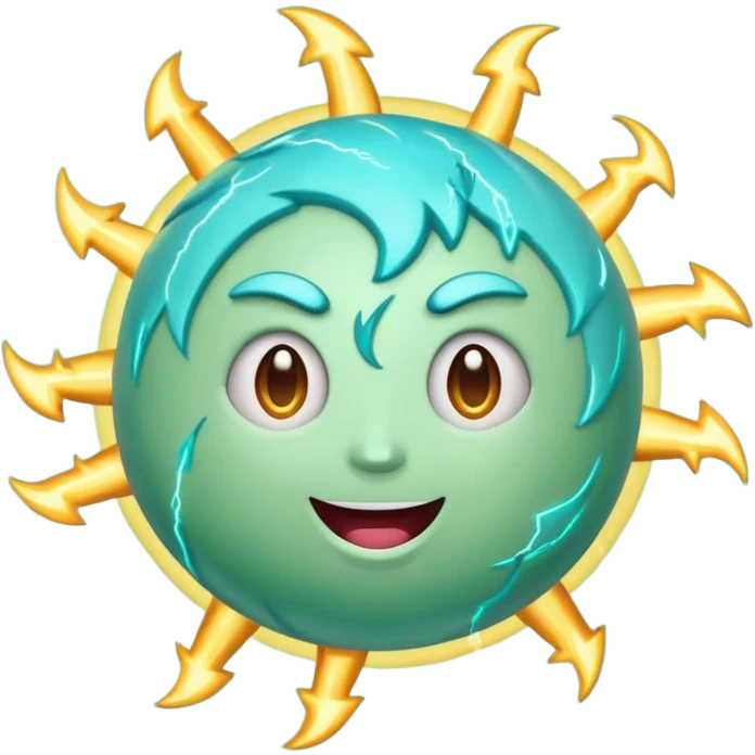 Uranus emoji in Apple style, blue-green planet with rings, big excited and playful face, surrounded by bold lightning bolts, radiating chaotic and electric energy emoji