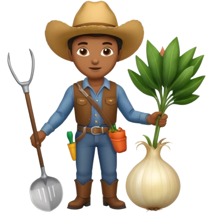 An African American cowboy holding a large onion and a gardening hoe emoji
