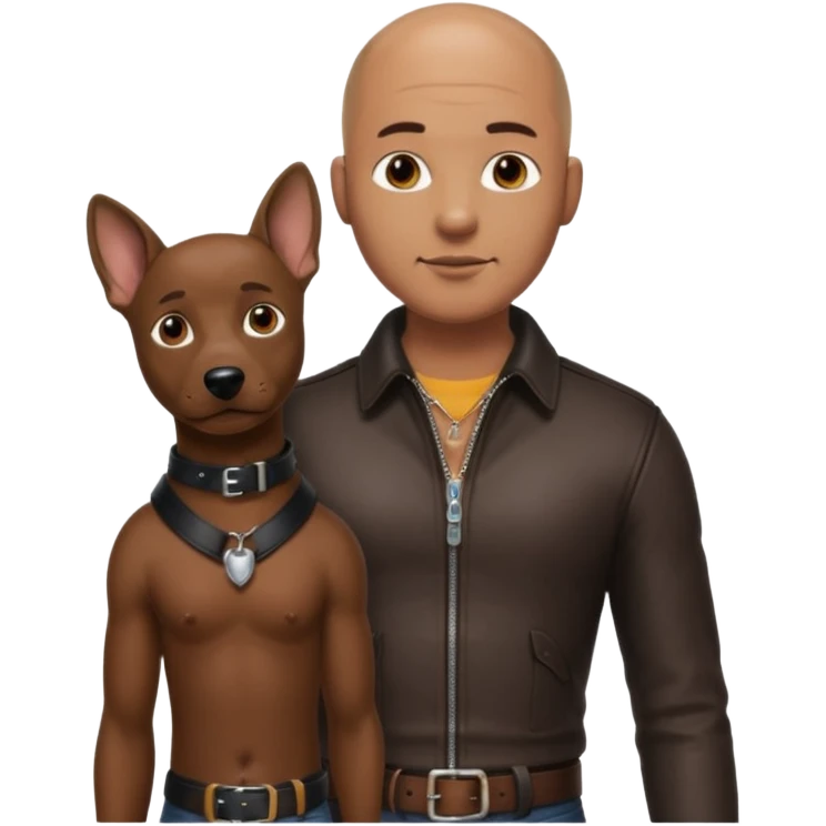 Please create a male character who is dark, bald and hardspm. He is tall well proportioned. He is wearing leather and has a leather dog collar around his neck emoji