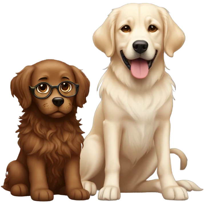Smiling girl with long dark wavy brown hair and red glasses next to a small shaggy golden Labrador dog with brown eyes emoji