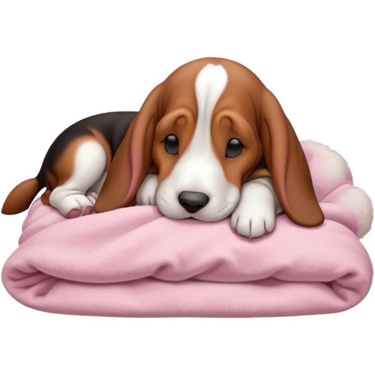 A baby basset hound sleeping on a baby pink blanket  emoji