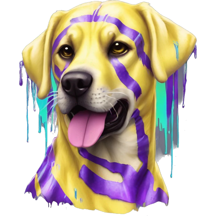 .Zombie_ Vaporwave black holographic oilslick zombie yellow Labrador zombie dog yellow caution tape graffiti stripes iridescent blue purple mane yellow stripes emoji