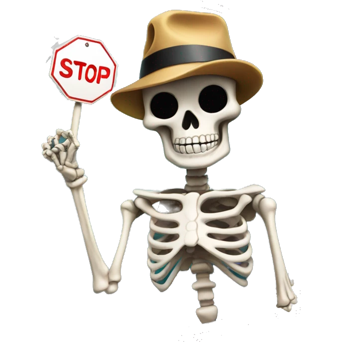 skeleton emoji wearing a hat holding a stop sign and salt emoji