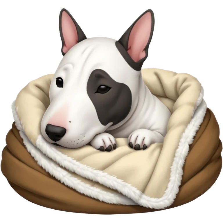 bull terrier sleeping cozy with blanket black head and eats emoji