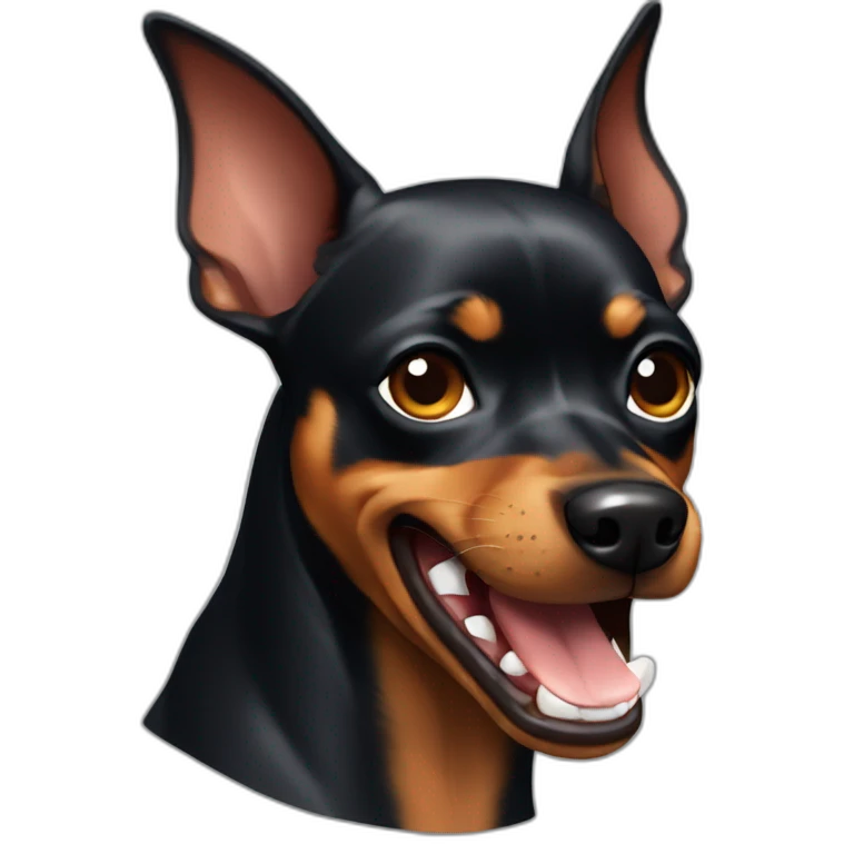 dark miniature pinscher with ears up angry showing teeth emoji