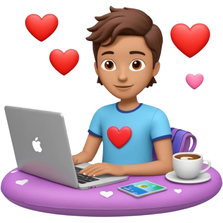 3D clay character relaxed with laptop and coffee, floating icons (hearts + dollars), colofrful modern outfit, white laptop, Pixar style, transparent background emoji