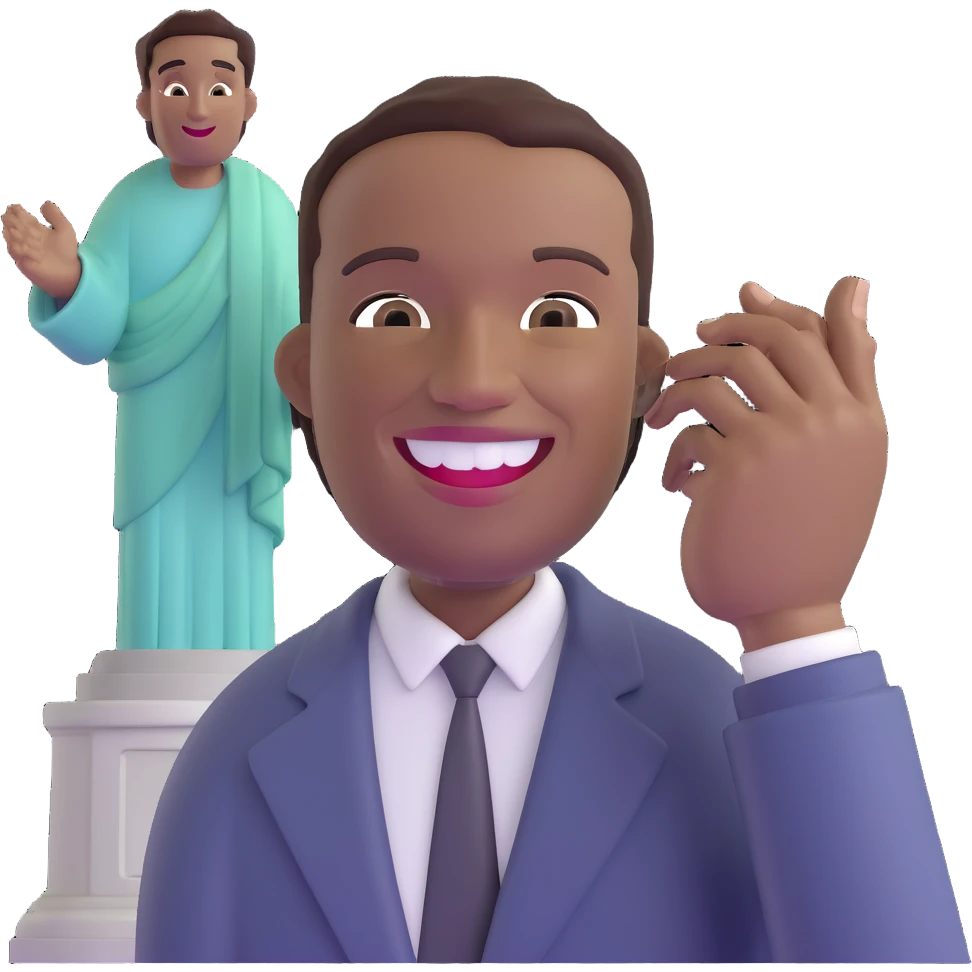 smiling black man with big teeth, standard male haircut, oval face, with Christ the Redeemer statue in the background, Rio de Janeiro, no glasses emoji