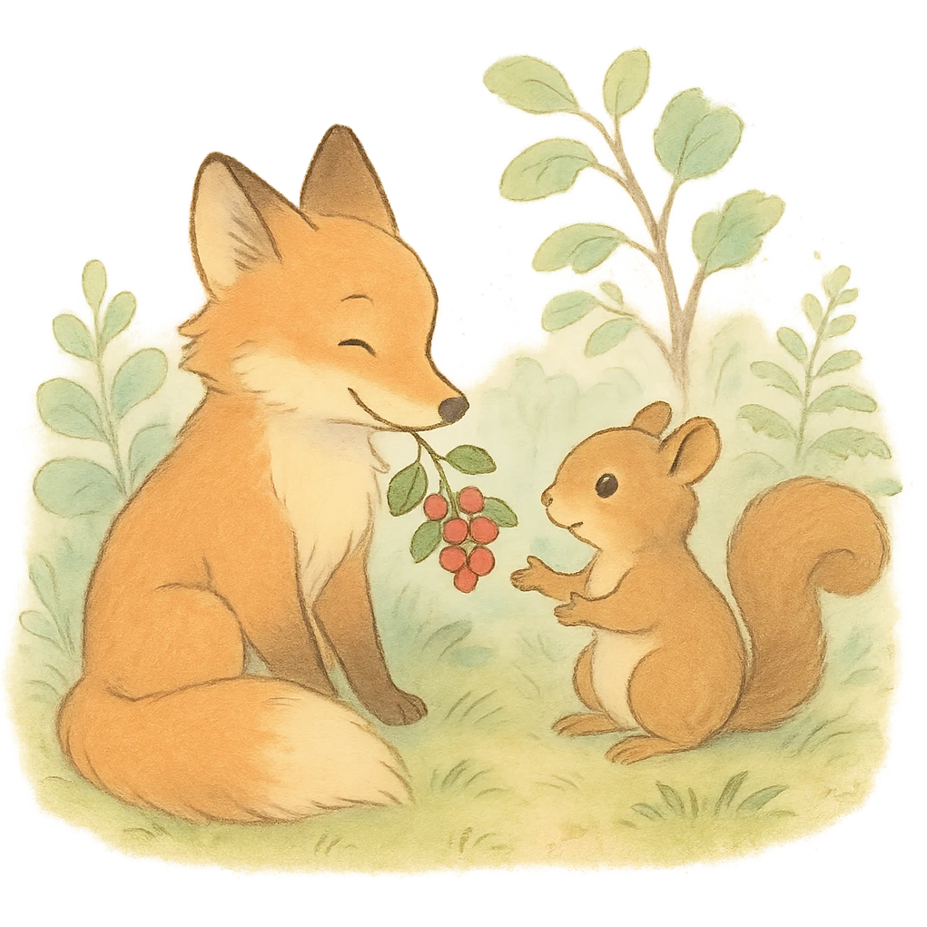 a fox and squirrel sharing berries, forest friendship scene, soft pastel colors emoji