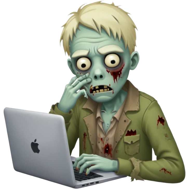 A tired sad zombie behind a laptop emoji