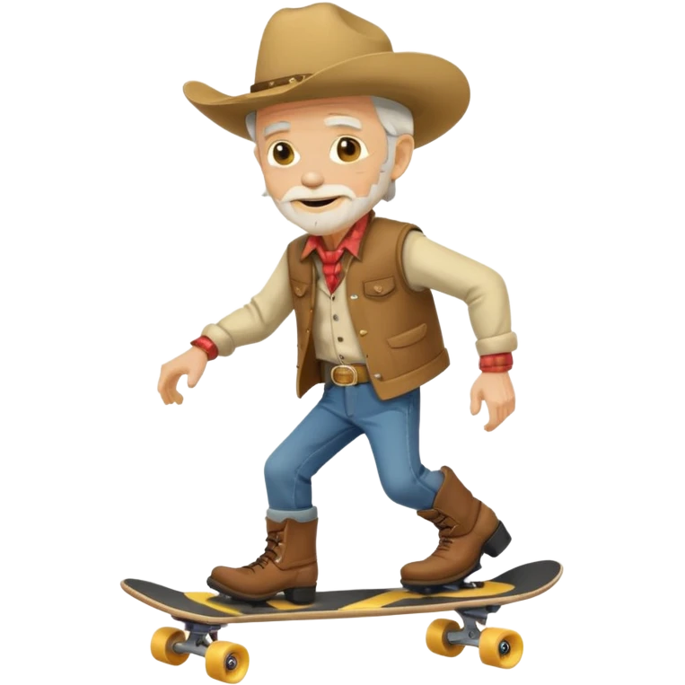 old man cowboy riding a skateboard, simple shapes, yellow face, cowboy hat, boots, western outfit, android emoji style emoji