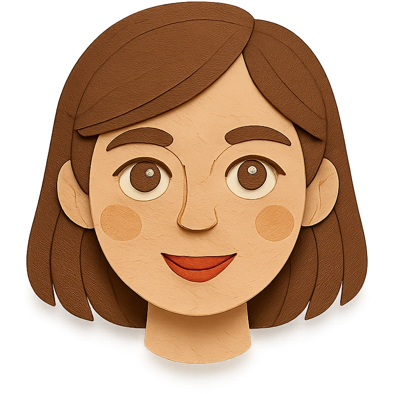 white girl with brown hair, light brown eyes, medium eyelashes, brown eyebrows, medium lips, medium nose in paper craft style emoji