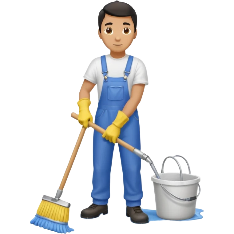 Custodian with yellow rubber gloves, white T-shirt, blue overalls, mopping floor emoji